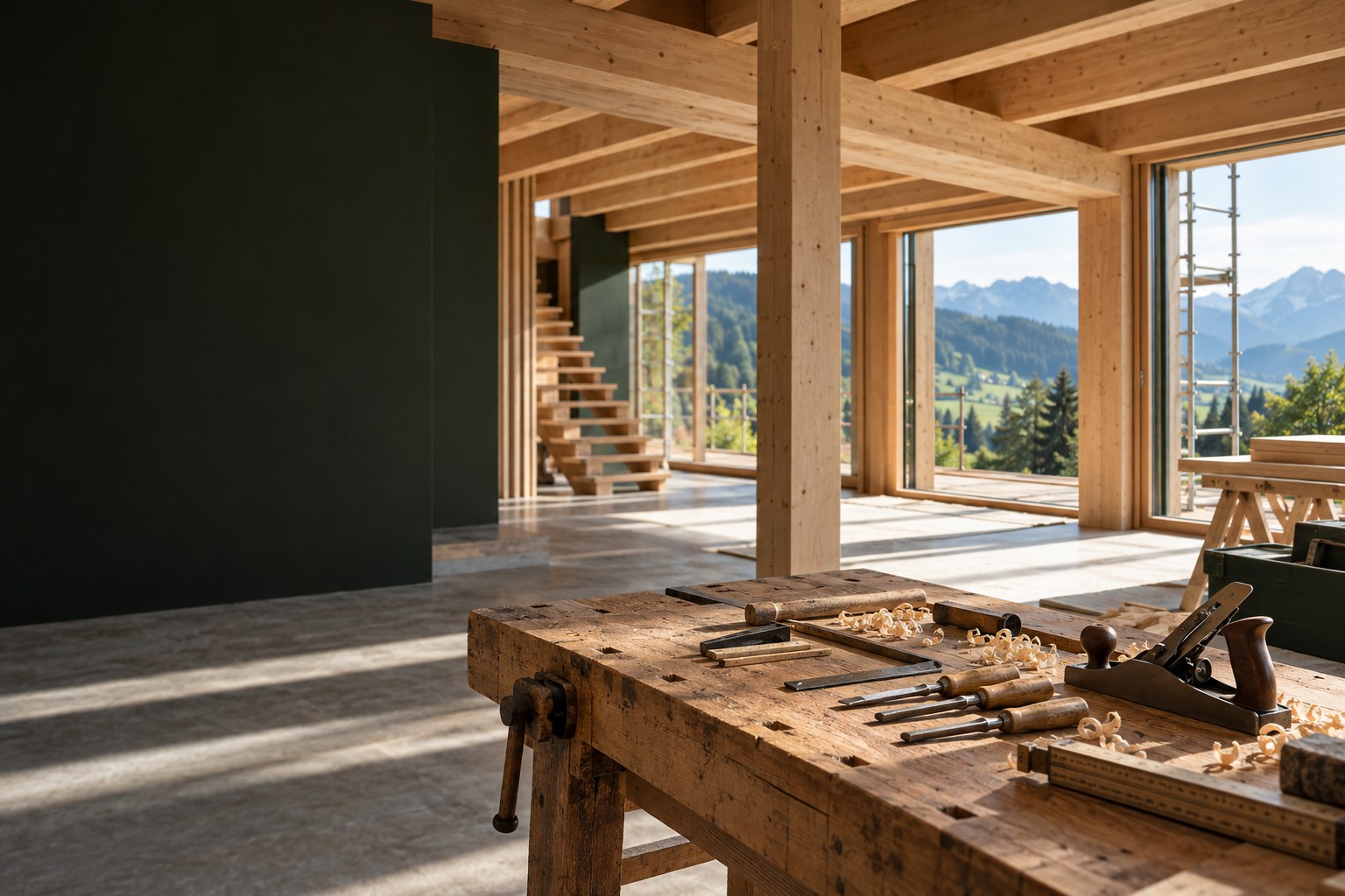 Architekturvisualisierung eines hellen Holzbaus mit Werkbank